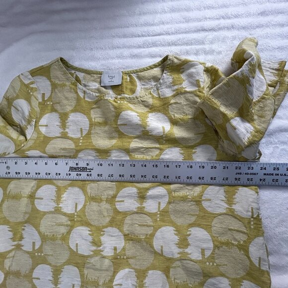 Chalet et ceci Womens Button-Back Blouse Large Linen/Cotton Circle Print Yellow - Picture 6 of 7